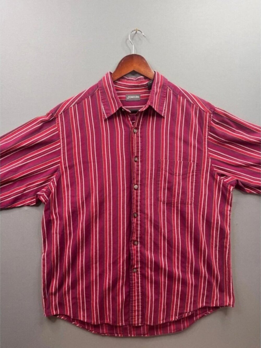 St John's Bay Button Down Shirt Mens Burgundy Red Striped Cotton Large